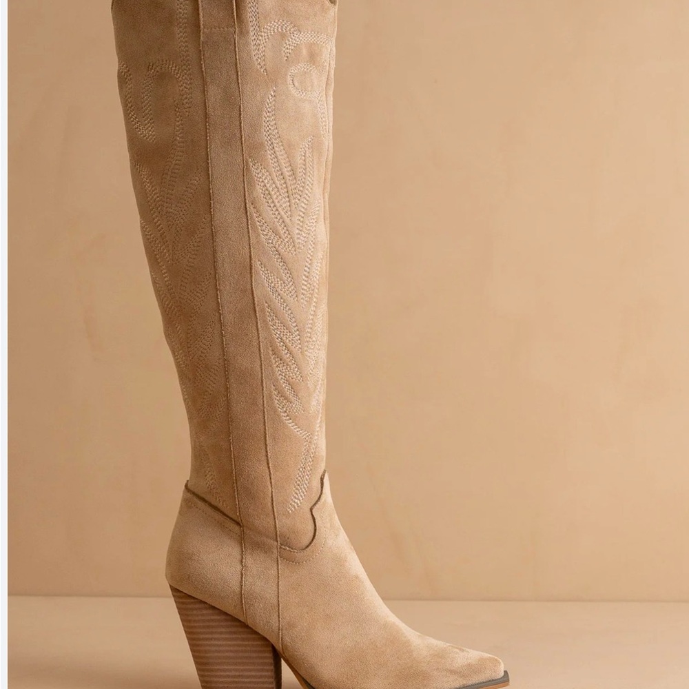 Tall Suede Western Knee Boot in Light Beige